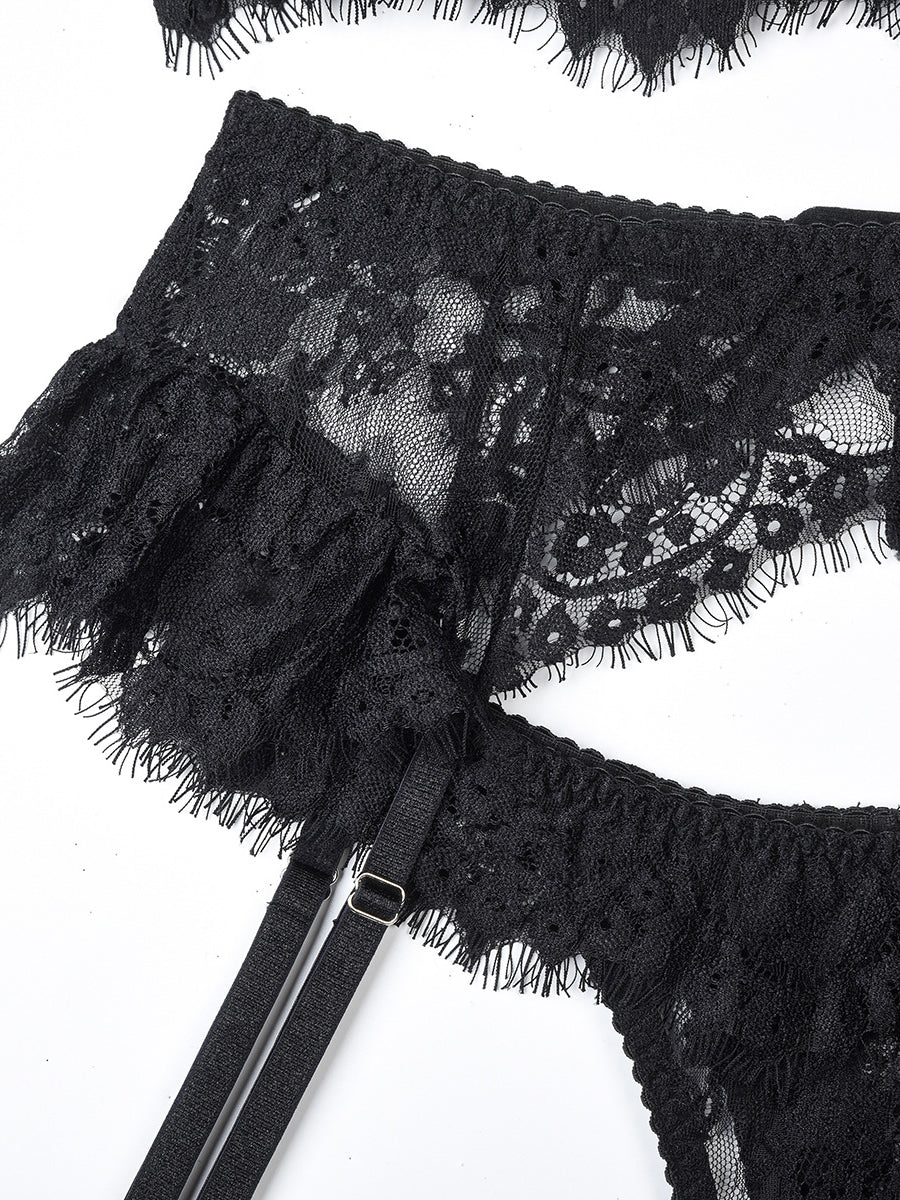 Black Lace Embroidered Ruffled Cutout Sexy Set MSL096