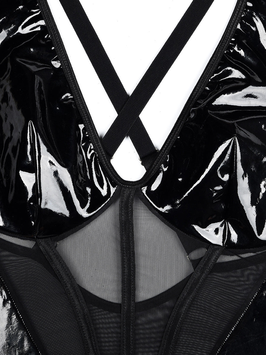 PU Leather Patchwork Sexy V-neck Fashion Bodysuit MSL099