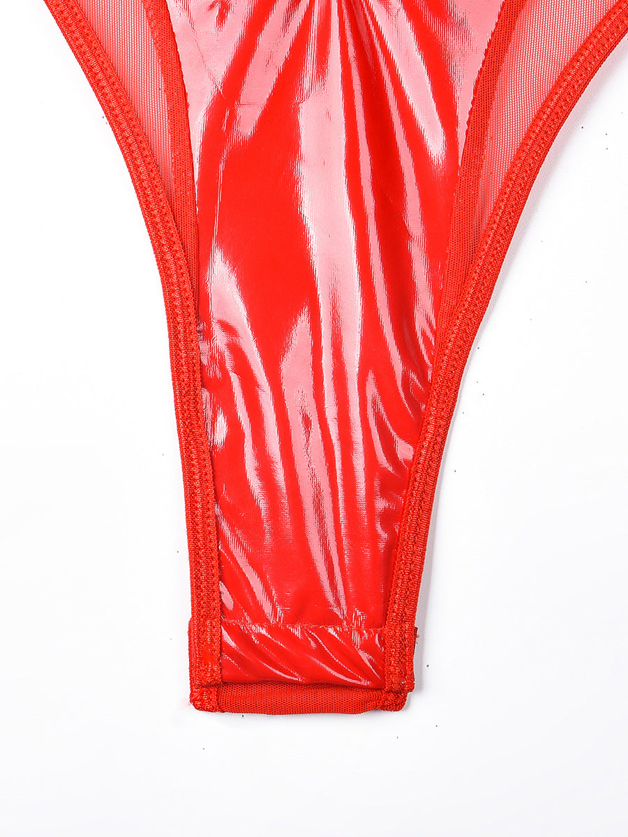 PU Leather Patchwork Sexy V-neck Fashion Bodysuit MSL099