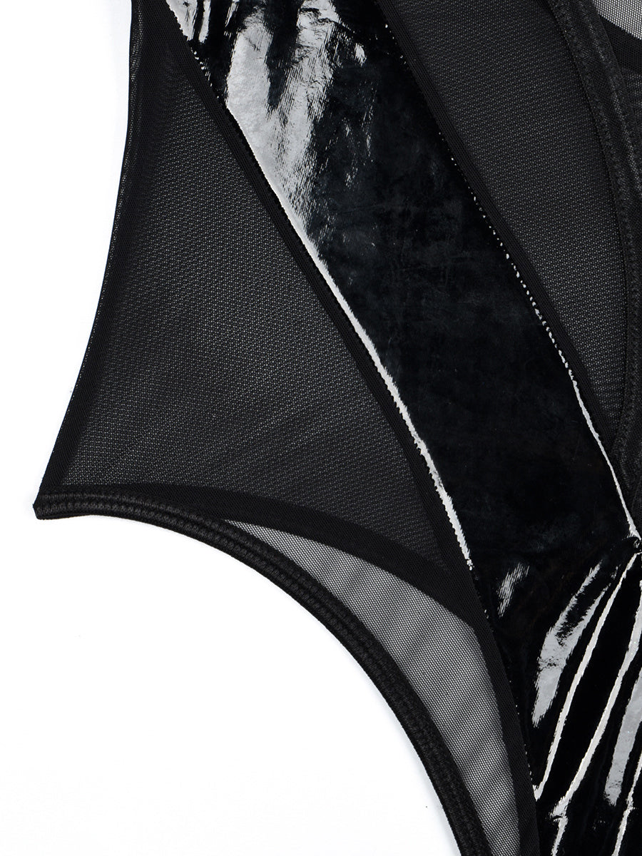 PU Leather Patchwork Sexy V-neck Fashion Bodysuit MSL099