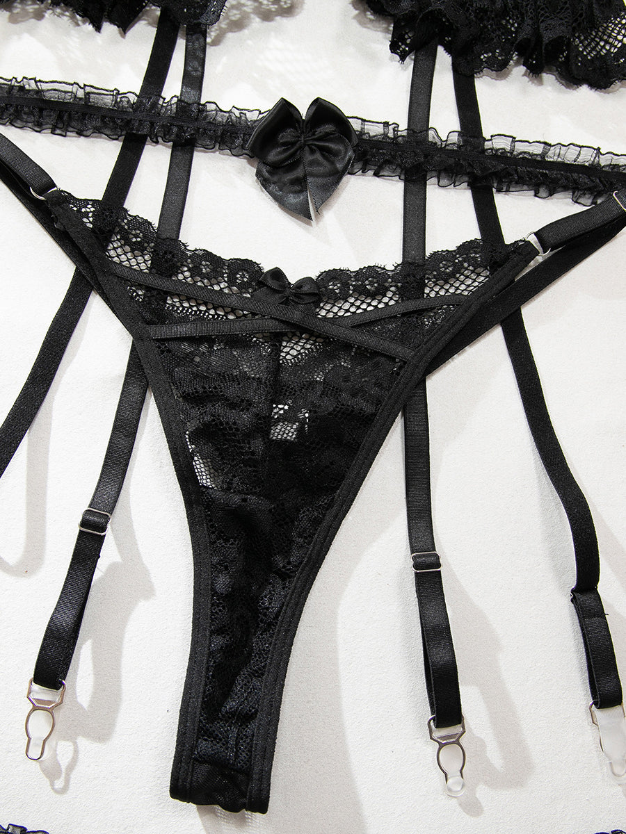 Black Lace Cross-cut Sexy Three-piece Lingerie Set MSL101