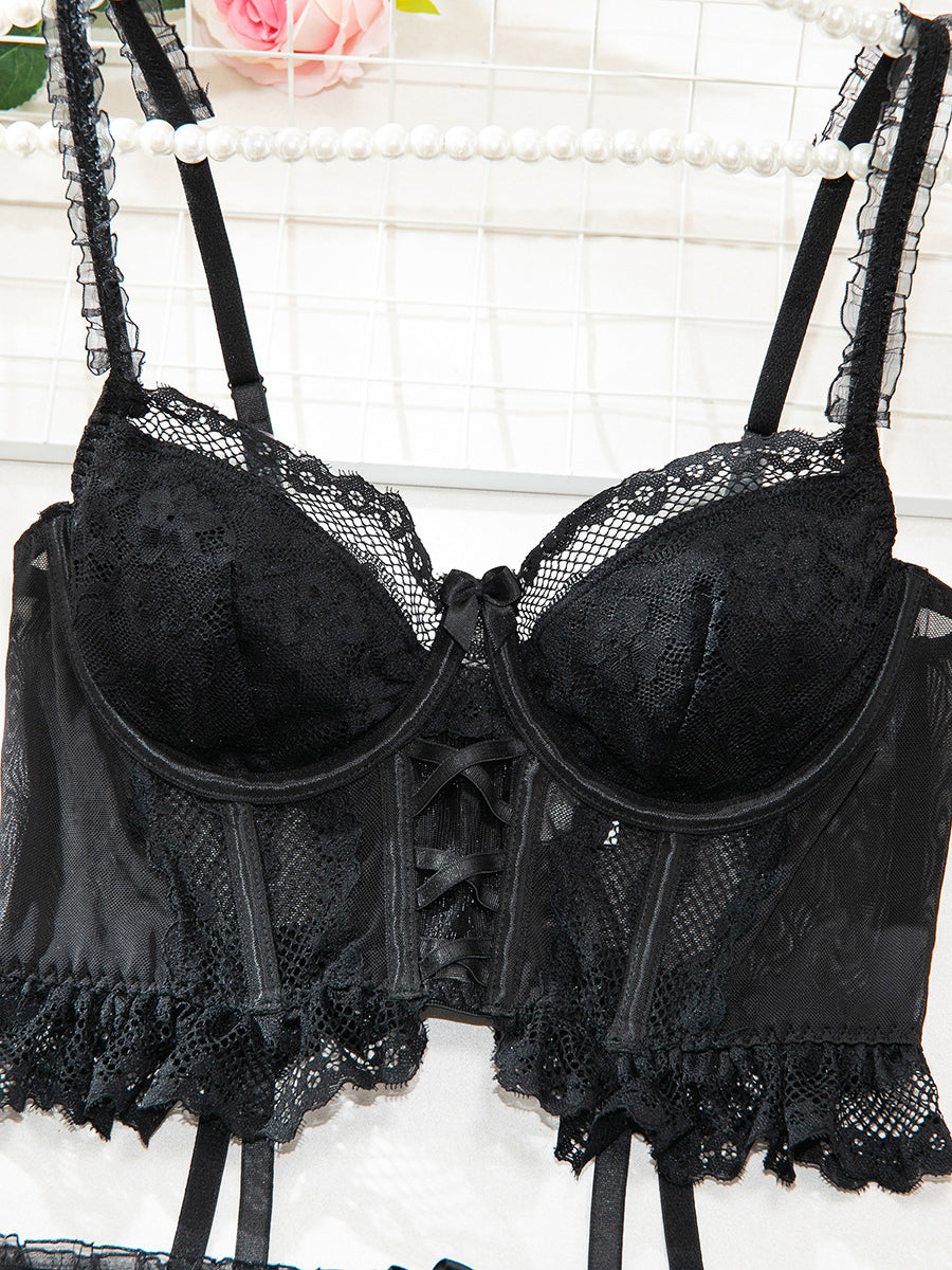 Black Lace Cross-cut Sexy Three-piece Lingerie Set MSL101