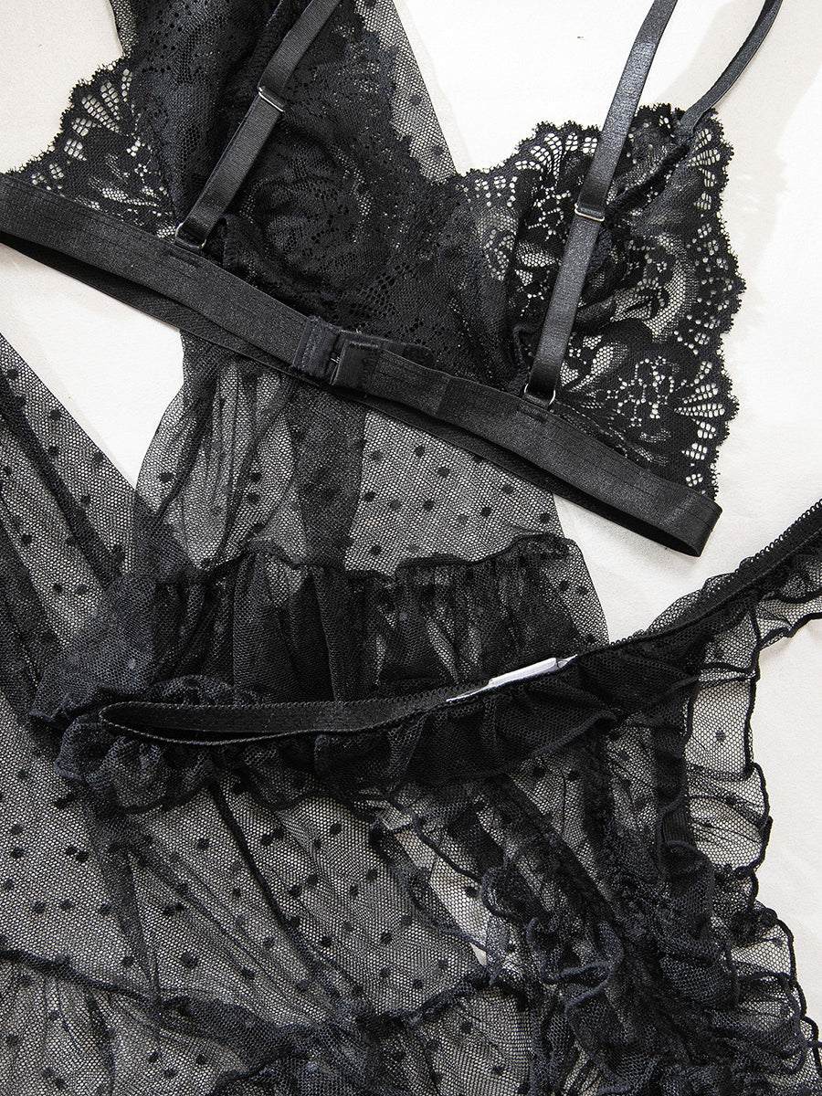 Polka Dot Mesh See-through Lace Sexy Lingerie Three-piece Set MSL102