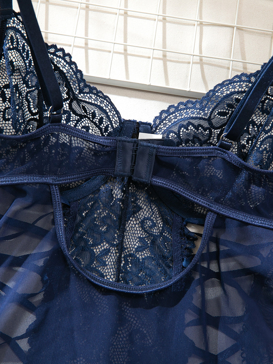 Blue Sexy Lace Embroidery Two-piece Set MSL103
