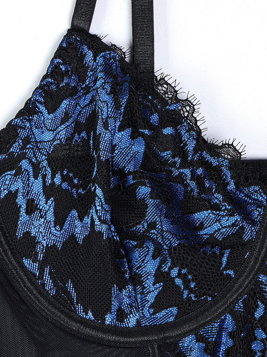 Blue Jacquard Corset Mesh Stretch Three-piece Set MSL104