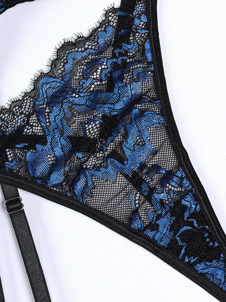 Blue Jacquard Corset Mesh Stretch Three-piece Set MSL104