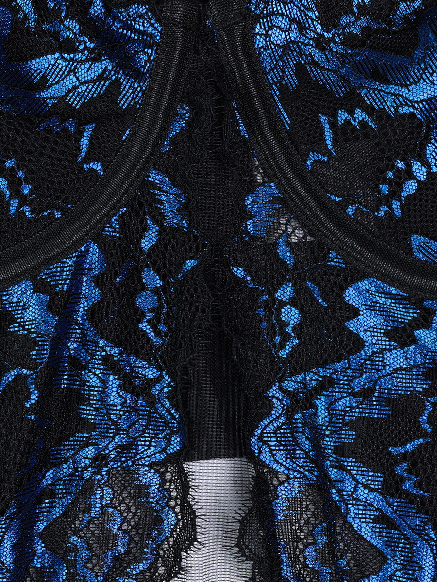 Blue Jacquard Corset Mesh Stretch Three-piece Set MSL104