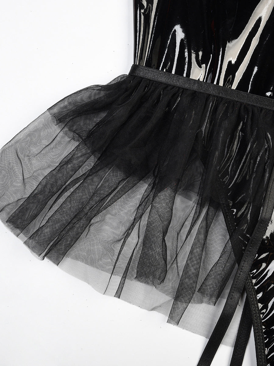 Sexy PU Mesh Halter Skirt Belt bodysuit MSL105