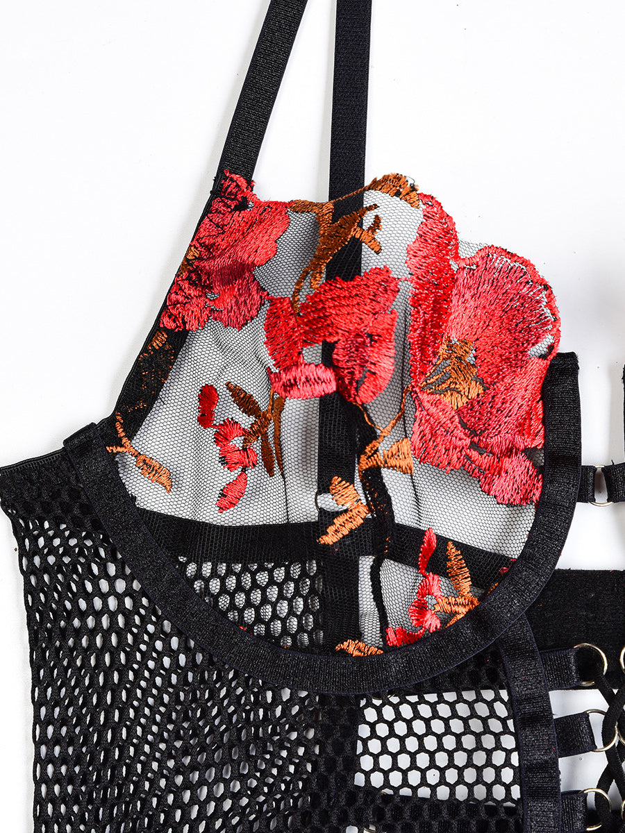 Embroidered Floral Tie-up Mesh Four-piece Set MSL106