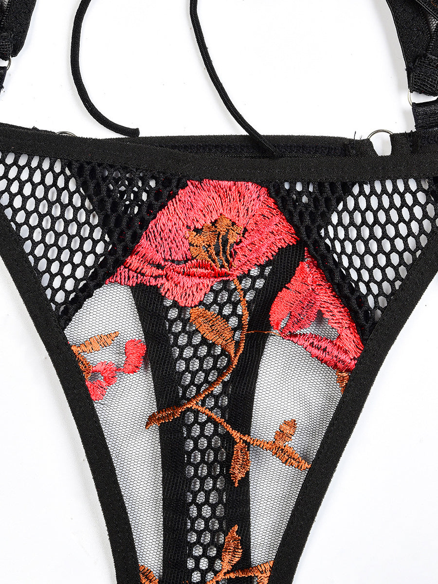 Embroidered Floral Tie-up Mesh Four-piece Set MSL106