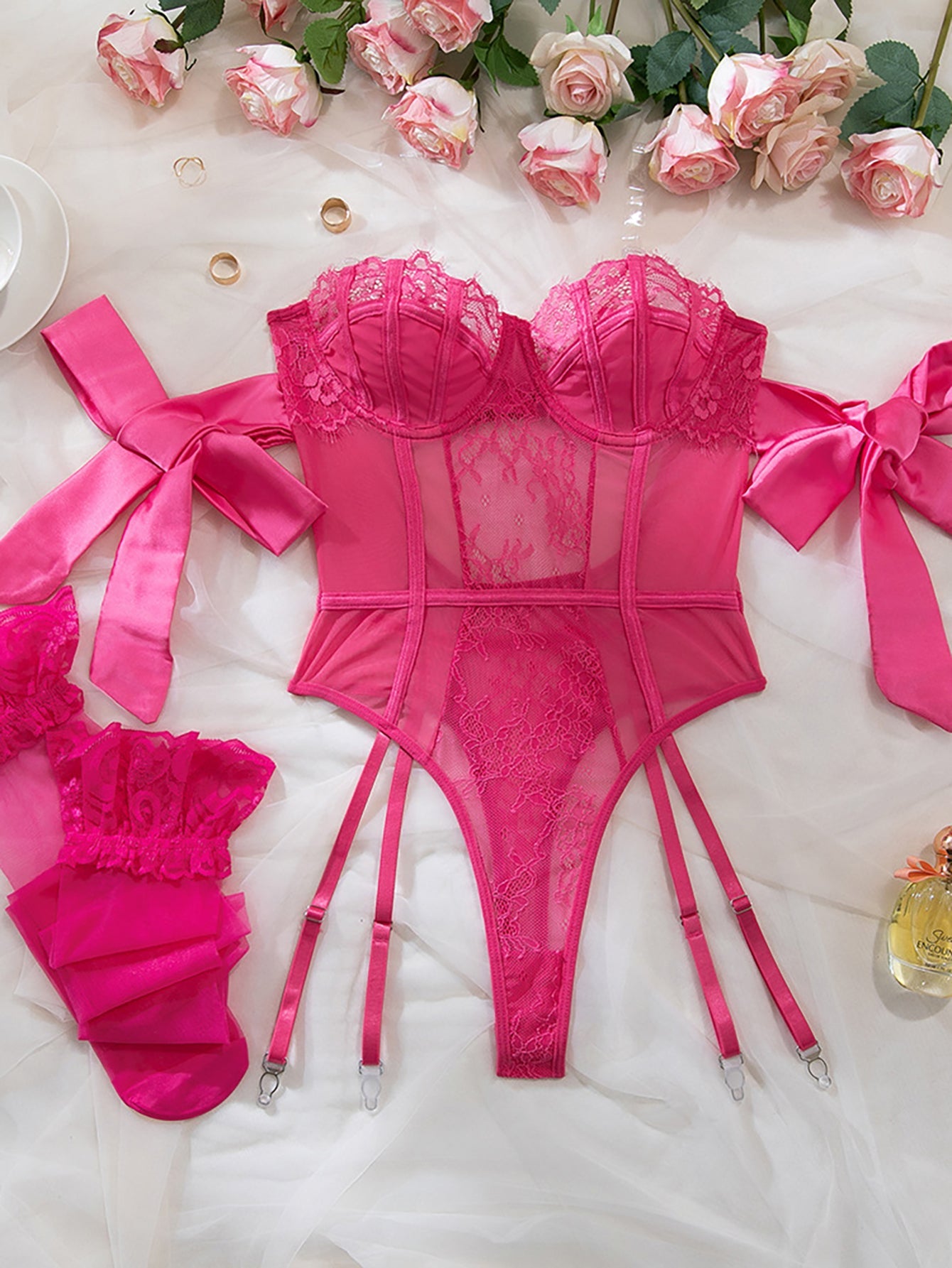 Mesh Corset Bowknot Sexy Bodysuit Set MSL109
