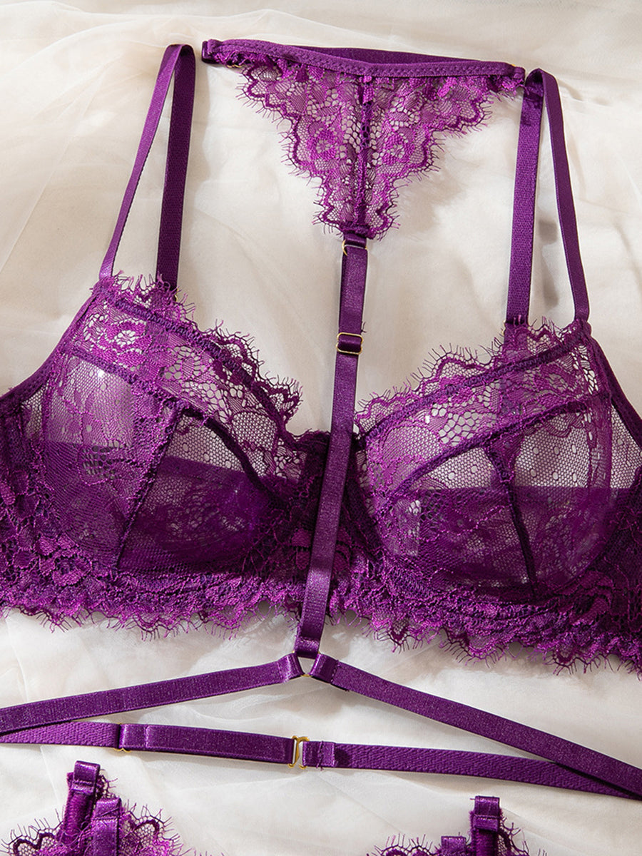 Purple Sexy Lace Halter Push-up Lingerie Set MSL112