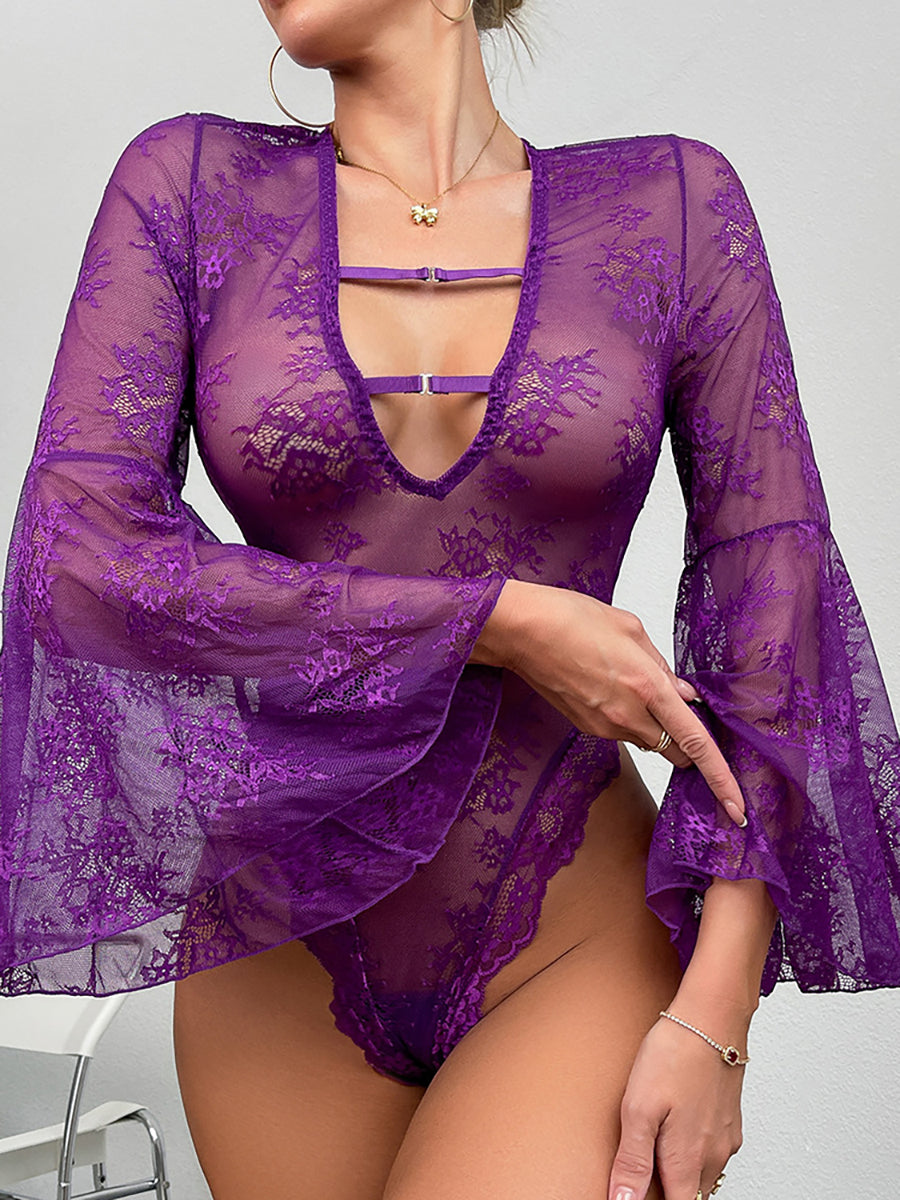 Bell Sleeve Lace See-through Bodysuit MSL114