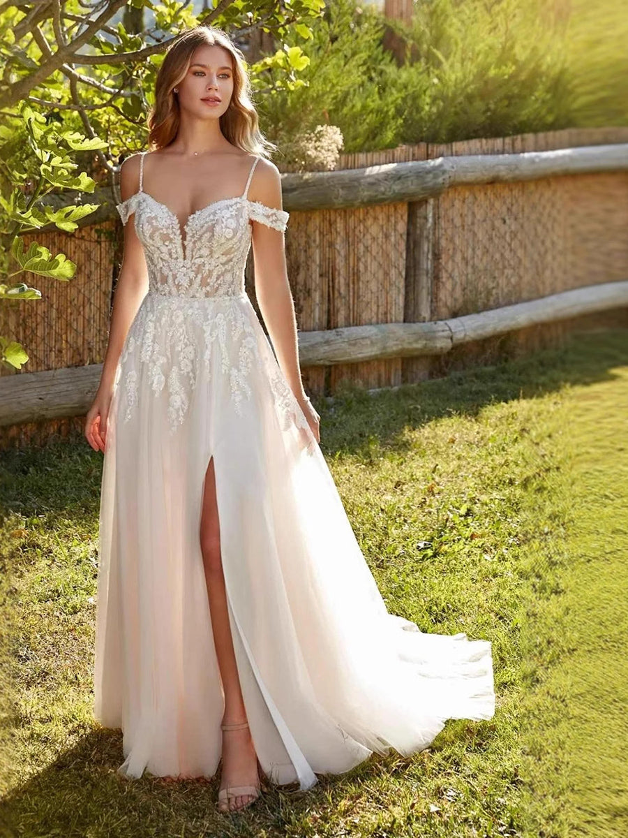 Flowy Romantic Lace Off-Shoulder Slit Wedding Dress MSW071