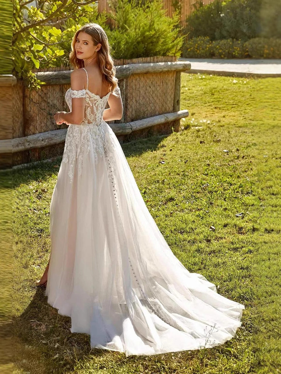 Flowy Romantic Lace Off-Shoulder Slit Wedding Dress MSW071