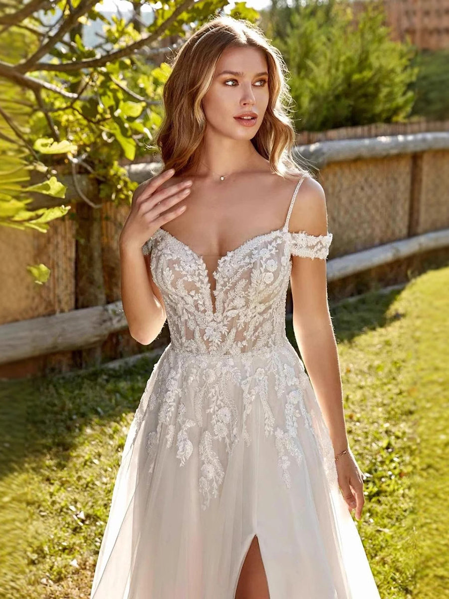 Flowy Romantic Lace Off-Shoulder Slit Wedding Dress MSW071