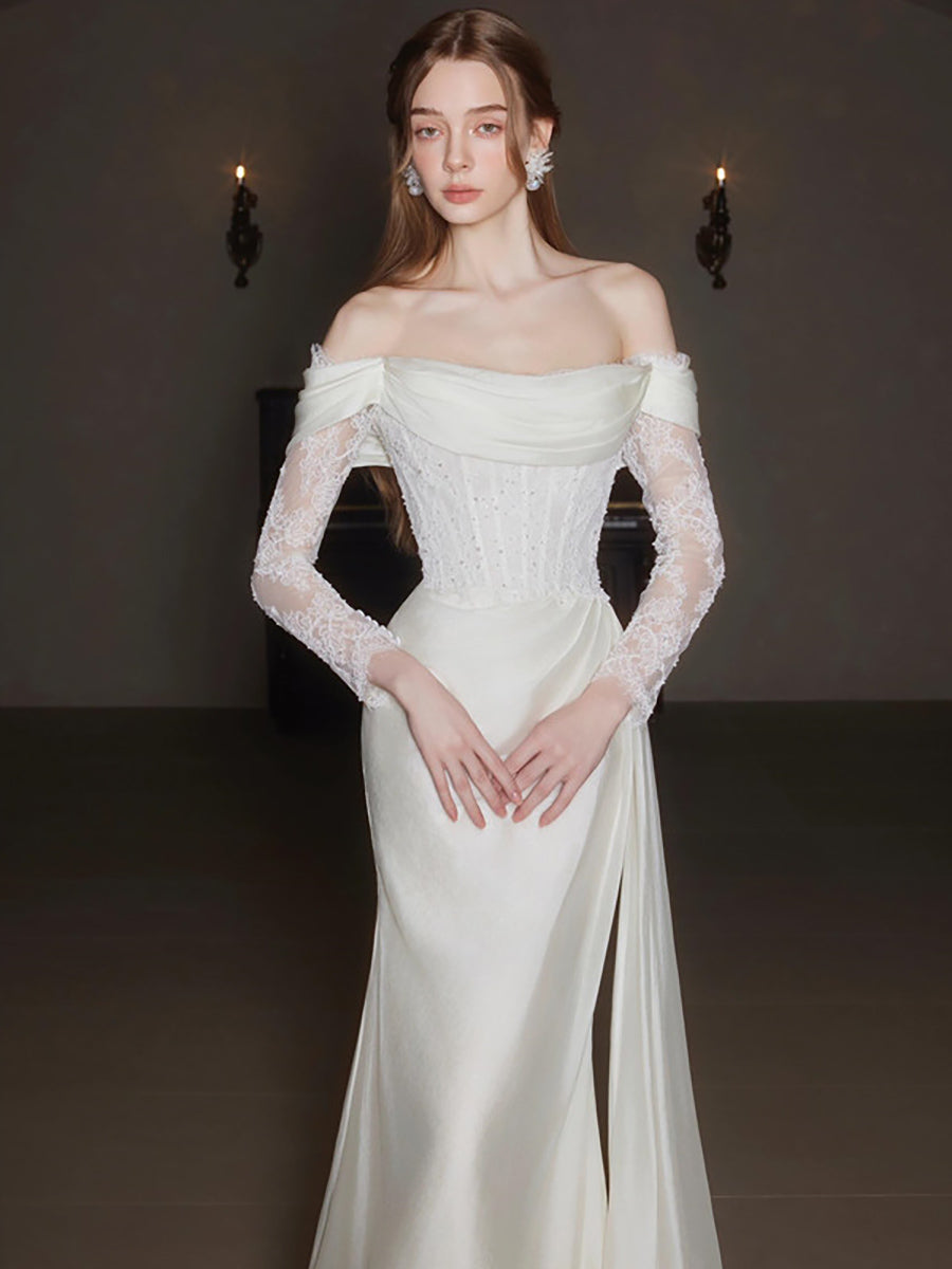 Off-Shoulder Lace Long Sleeve Ruched Corset Wedding Dress MSW072