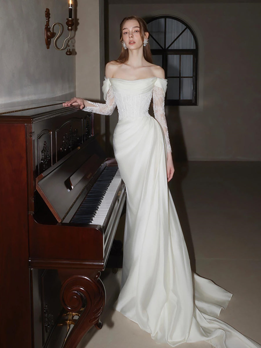 Off-Shoulder Lace Long Sleeve Ruched Corset Wedding Dress MSW072