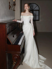 Off-Shoulder Lace Long Sleeve Ruched Corset Wedding Dress MSW072