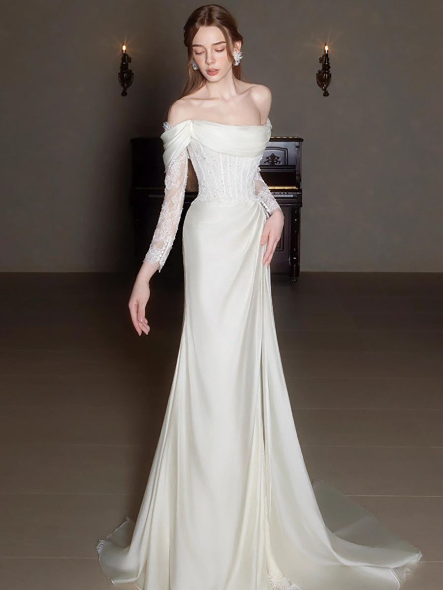 Off-Shoulder Lace Long Sleeve Ruched Corset Wedding Dress MSW072