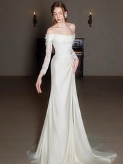 Off-Shoulder Lace Long Sleeve Ruched Corset Wedding Dress MSW072