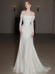 Off-Shoulder Lace Long Sleeve Ruched Corset Wedding Dress MSW072