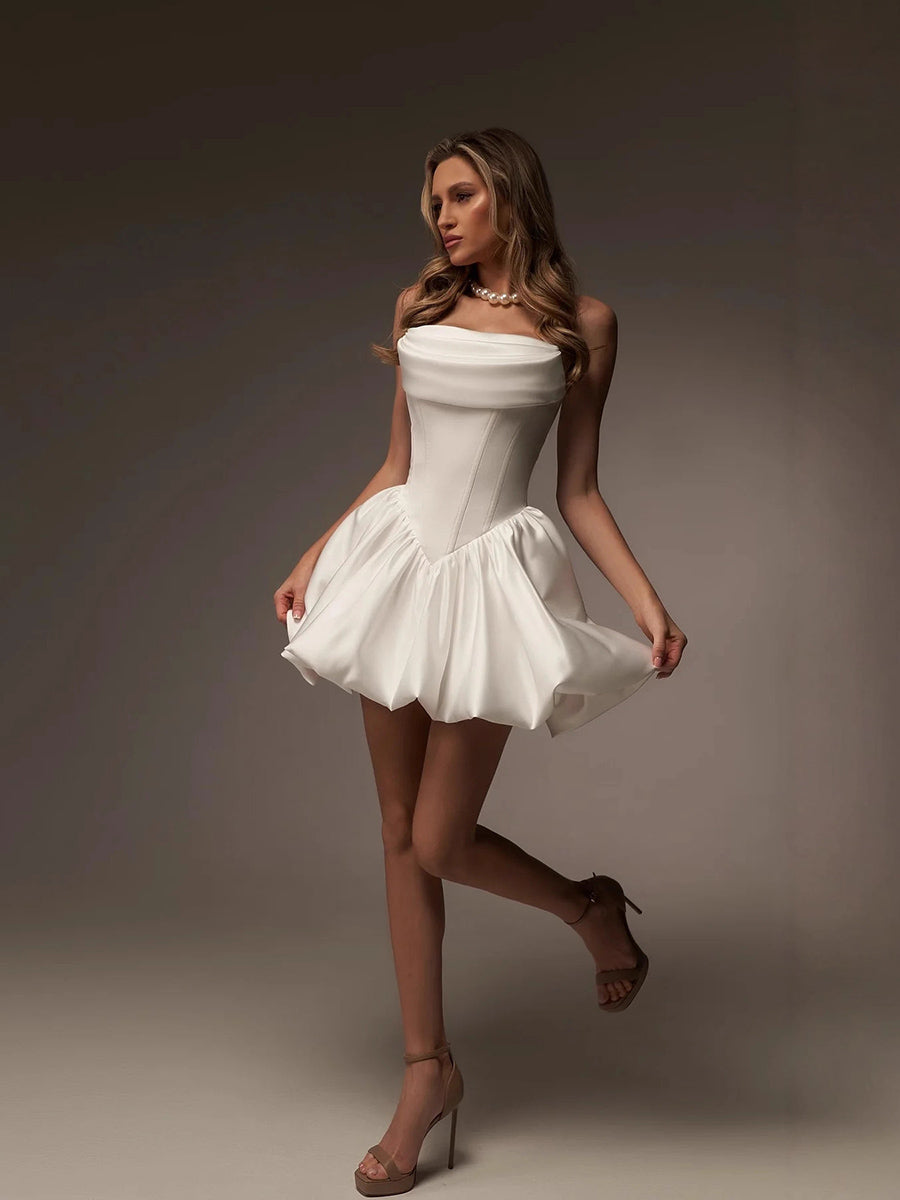 Strapless Ruched Corset Satin Mini Wedding Dress MSW075