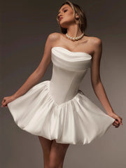 Strapless Ruched Corset Satin Mini Wedding Dress MSW075