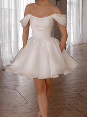 Ruched Skater Off-Shoulder Draped Satin Mini Wedding Dress MSW076