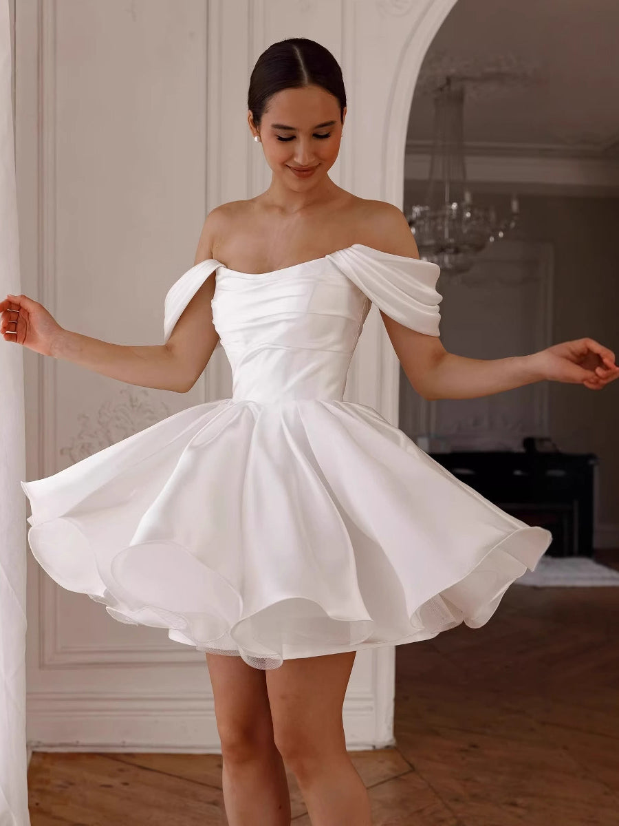 Ruched Skater Off-Shoulder Draped Satin Mini Wedding Dress MSW076