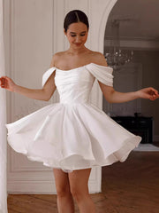 Ruched Skater Off-Shoulder Draped Satin Mini Wedding Dress MSW076