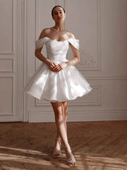 Ruched Skater Off-Shoulder Draped Satin Mini Wedding Dress MSW076