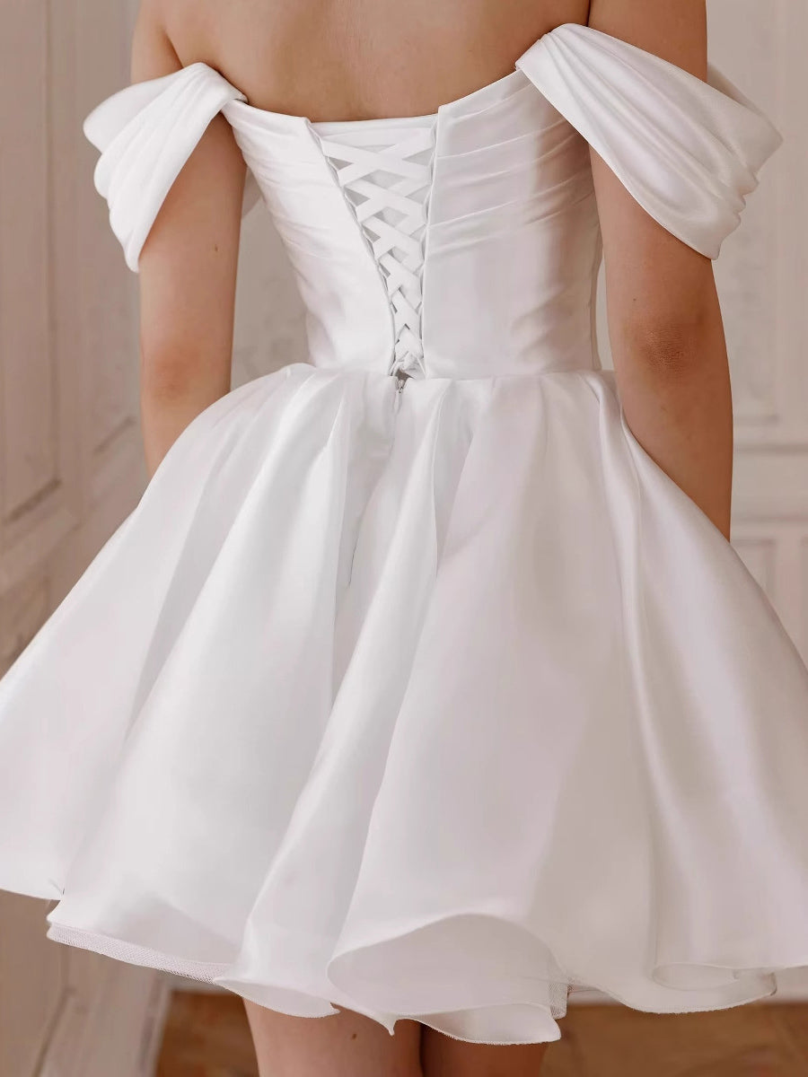 Ruched Skater Off-Shoulder Draped Satin Mini Wedding Dress MSW076