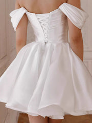 Ruched Skater Off-Shoulder Draped Satin Mini Wedding Dress MSW076