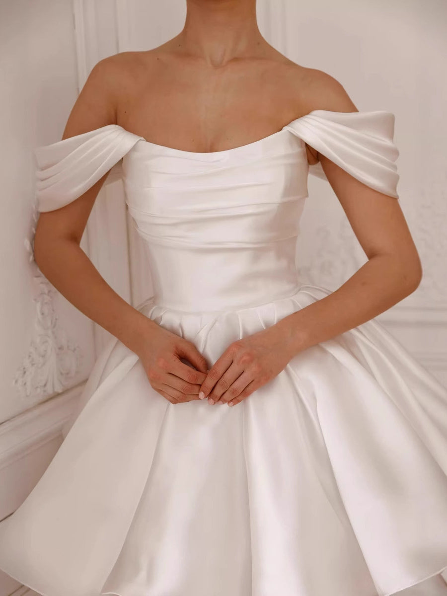 Ruched Skater Off-Shoulder Draped Satin Mini Wedding Dress MSW076