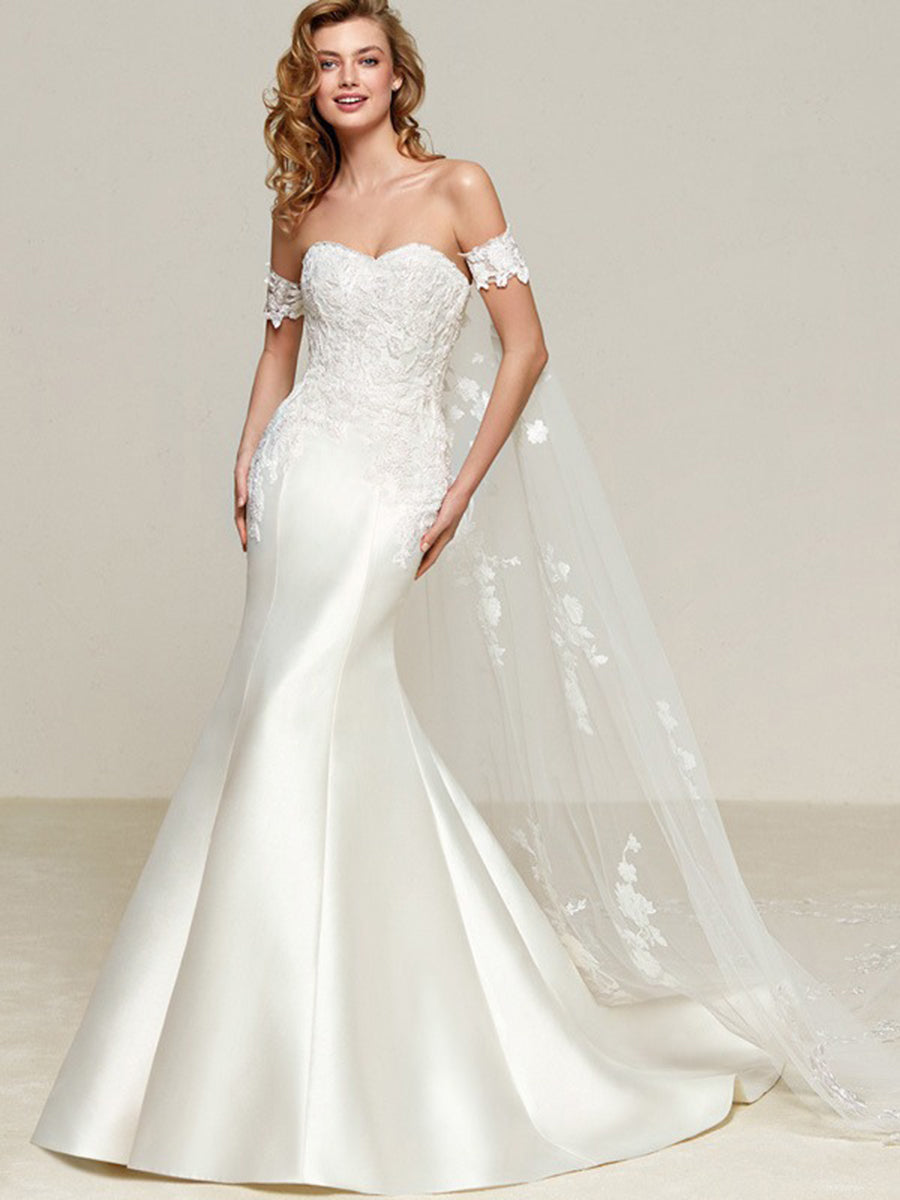 Simple Off-Shoulder Satin Mermaid Wedding Dress with Detachable Train MSW078