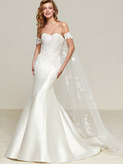 Simple Off-Shoulder Satin Mermaid Wedding Dress with Detachable Train MSW078
