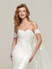 Simple Off-Shoulder Satin Mermaid Wedding Dress with Detachable Train MSW078