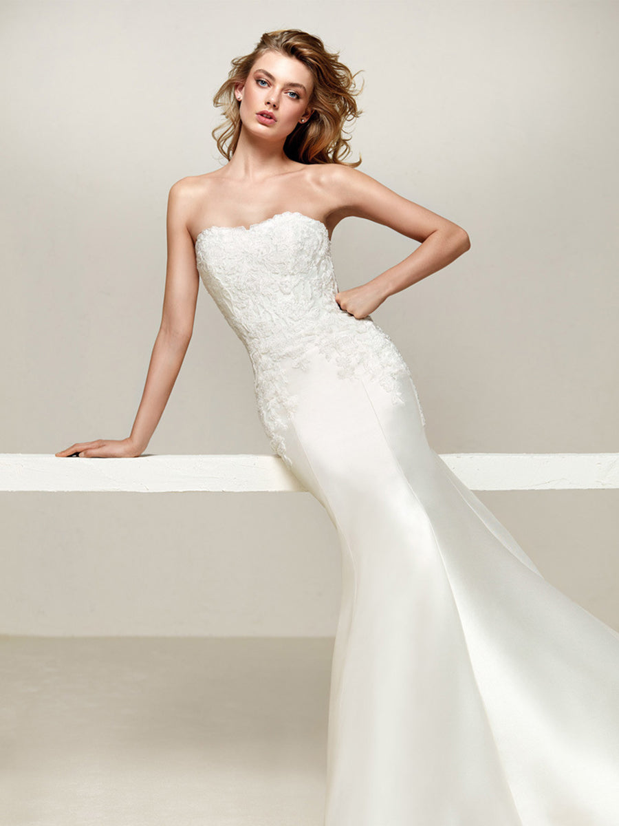 Simple Off-Shoulder Satin Mermaid Wedding Dress with Detachable Train MSW078