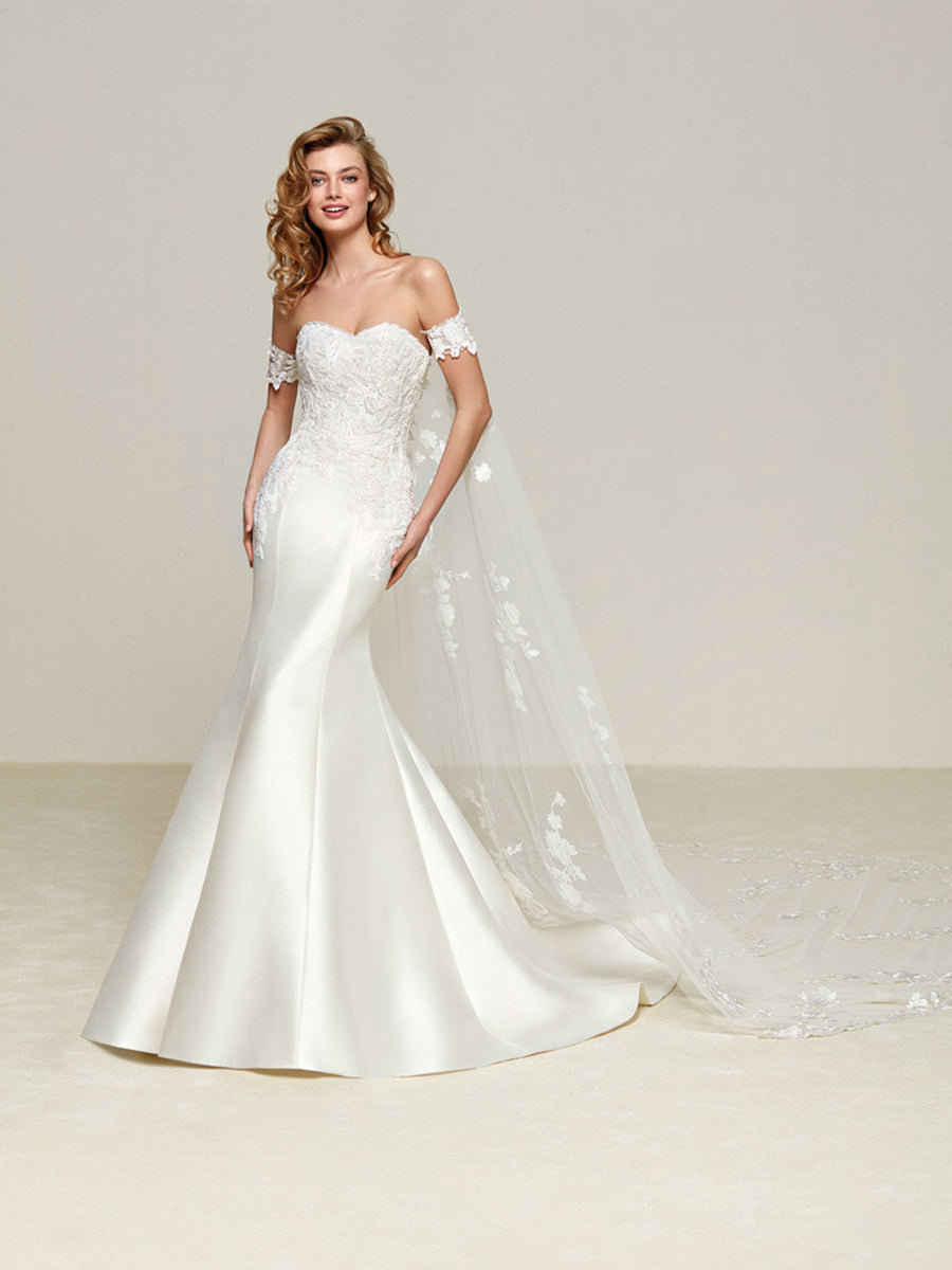 Simple Off-Shoulder Satin Mermaid Wedding Dress with Detachable Train MSW078