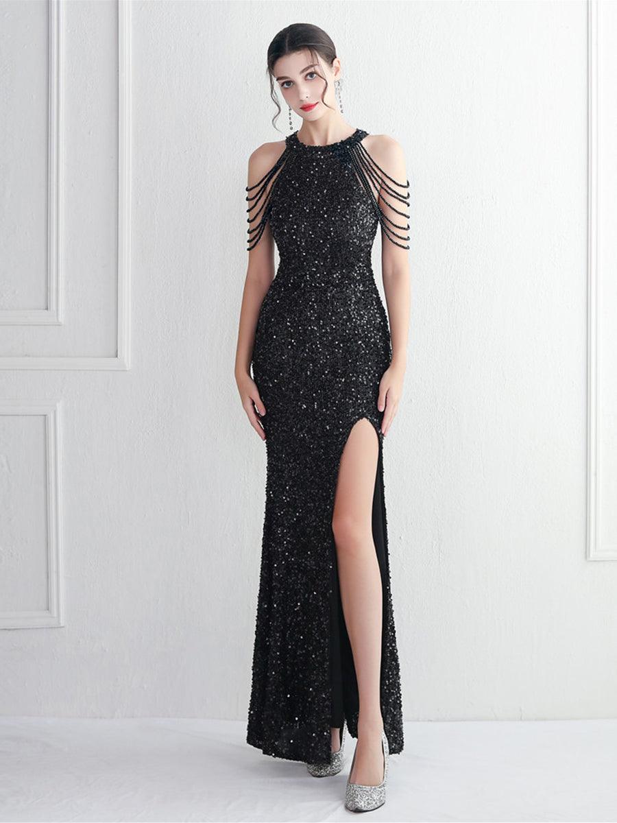 Sequin Beads Chain Split Elegant Cocktail Dress MYC2003