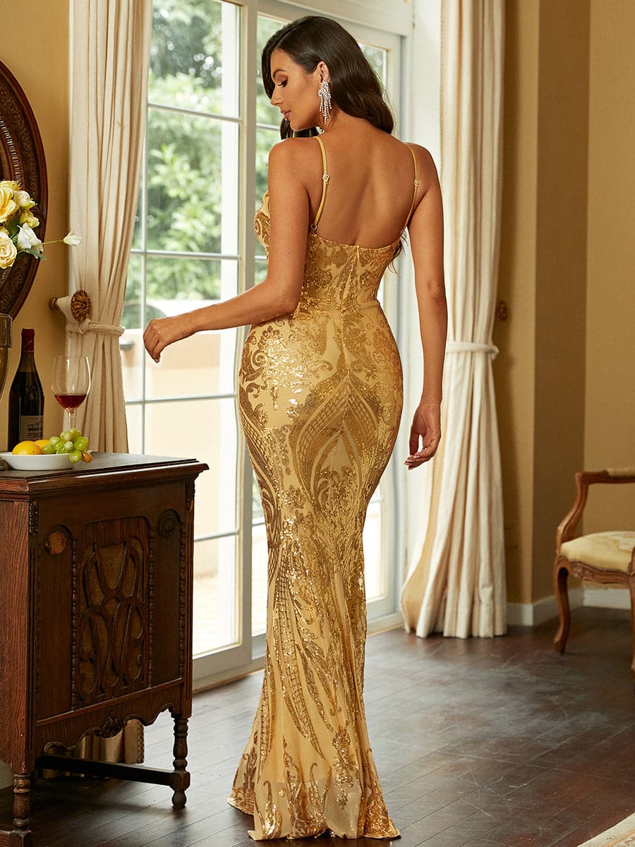 Sequin Gold V-neck Backless Mermaid Cocktail Dress XJ1242