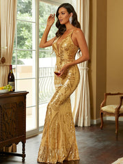Sequin Gold V-neck Backless Mermaid Cocktail Dress XJ1242