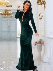 Long Sleeve Velvet Green Evening Dress XJ940