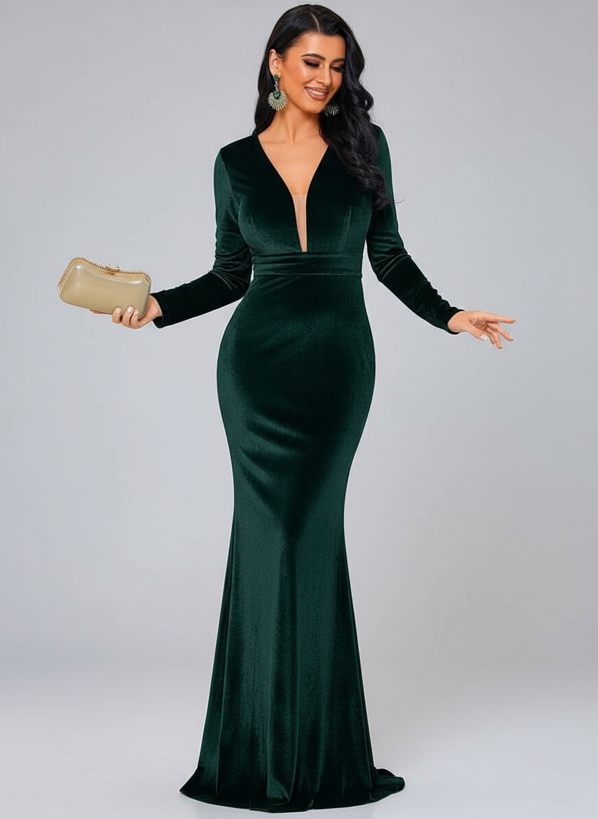 Long Sleeve Velvet Green Evening Dress XJ940