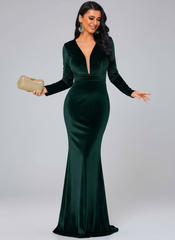 Long Sleeve Velvet Green Evening Dress XJ940
