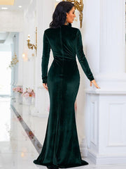 Long Sleeve Velvet Green Evening Dress XJ940