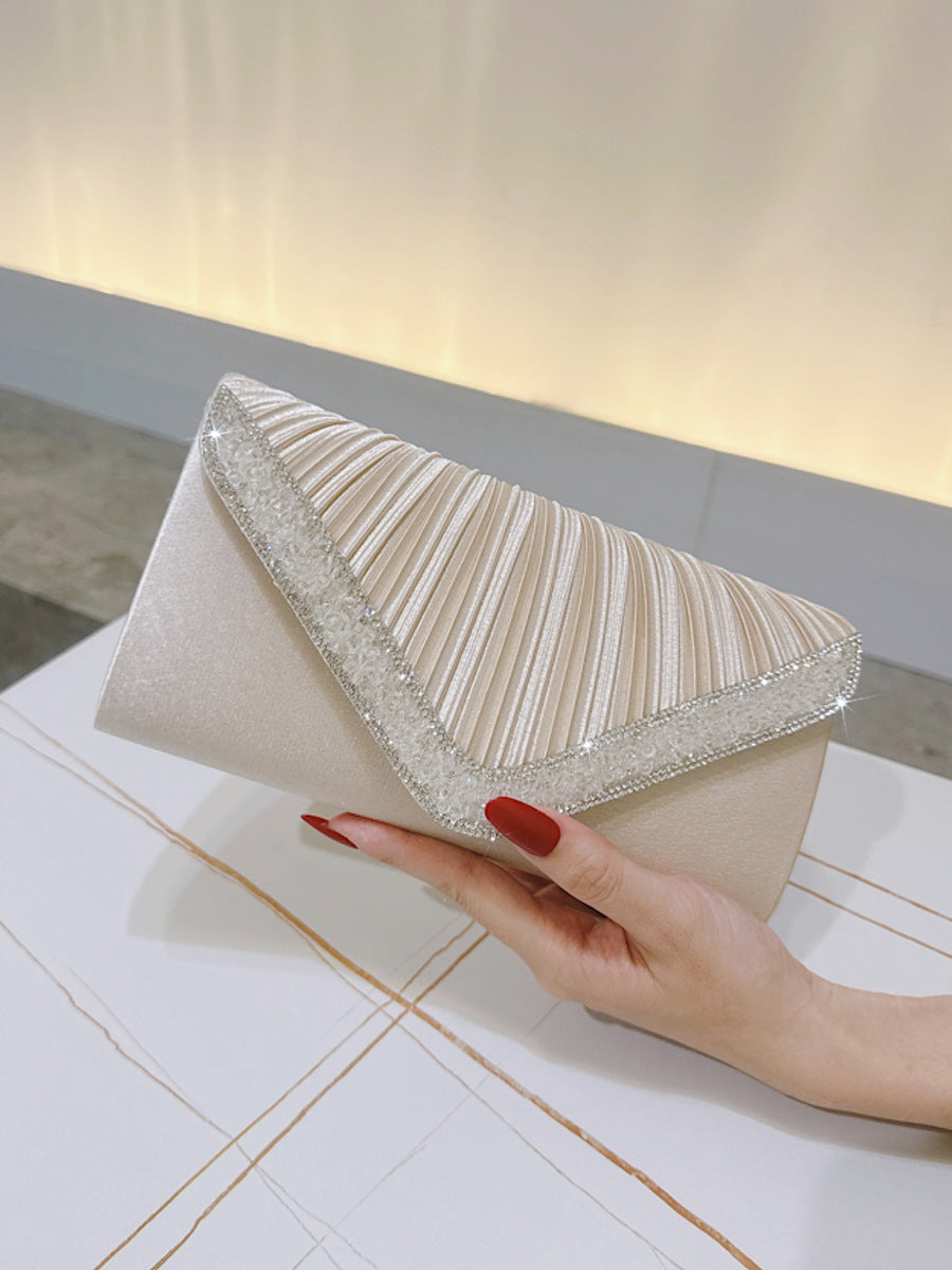 Beige Pleated Satin Rhinestone Clutch MNBF124