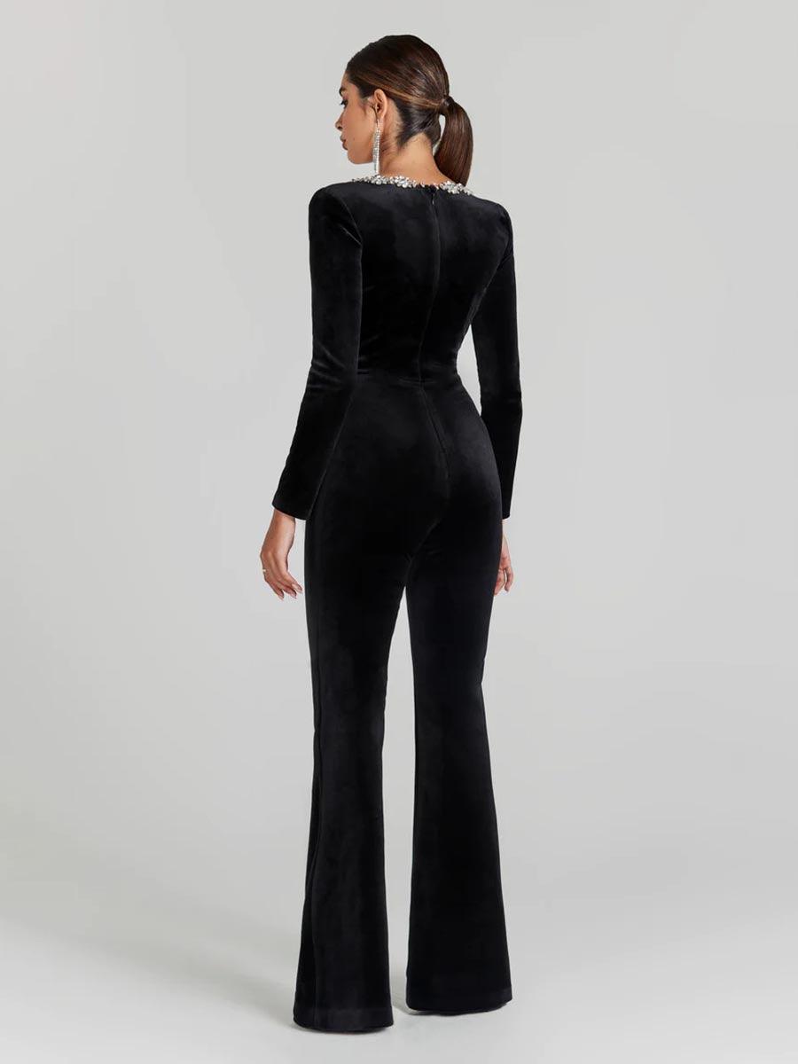 Rhinestone Square Neck Velvet Jumpsuits MYC1033