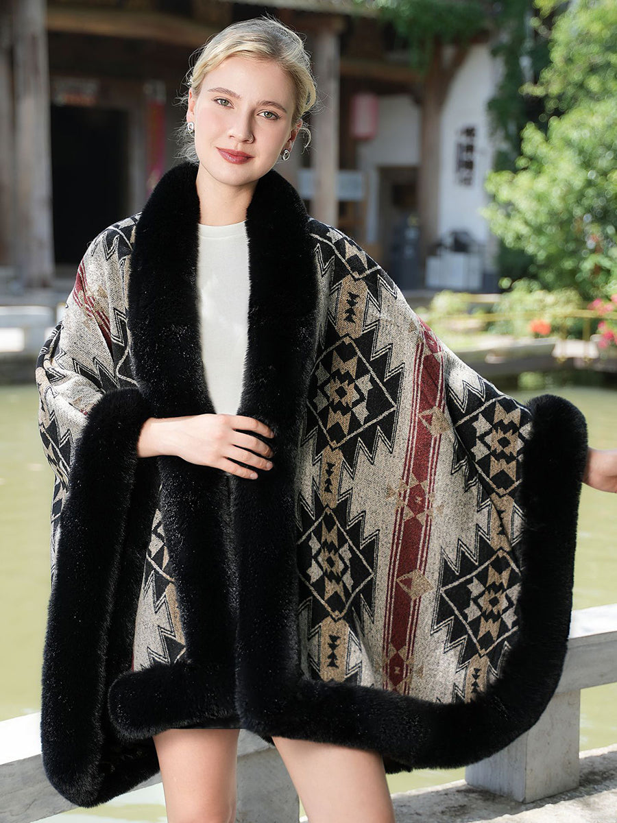 Geometric Faux Fur Trim Cape Shawl MSF034